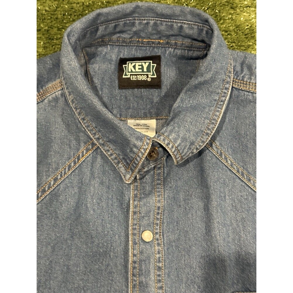 Key Denim Shirt Mens 2XL Tall Blue Pearl Snap Flap Pockets Med Wash Western